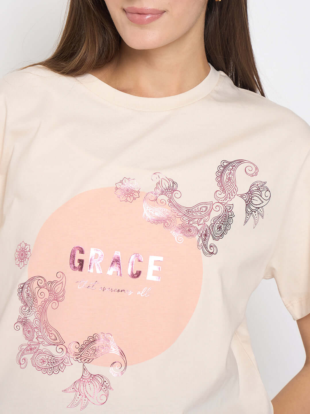 Madame Sinker Graphic Print Foil Detailed Beige Tshirt - Image 7