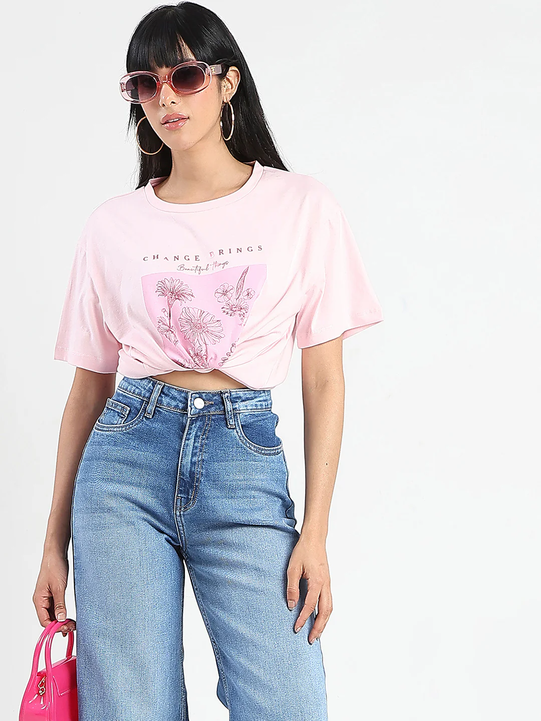 Madame Graphic Foil Print Handwork Detail Pink Cotton T-shirt