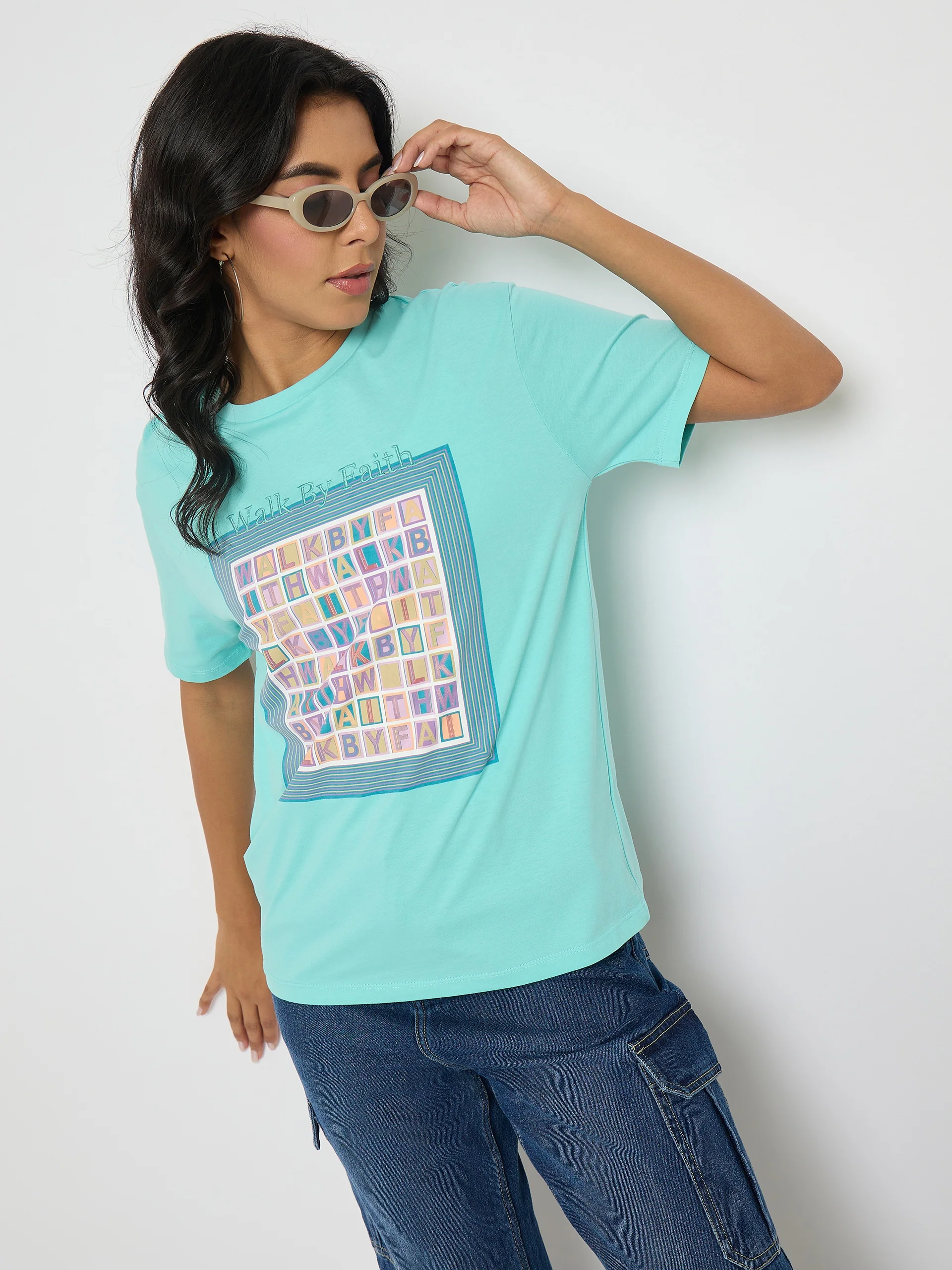 Madame Embroidered Graphic Print Cotton Aqua Blue T-Shirt