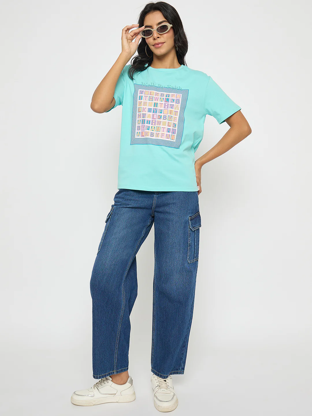 Madame Embroidered Graphic Print Cotton Aqua Blue T-Shirt - Image 2