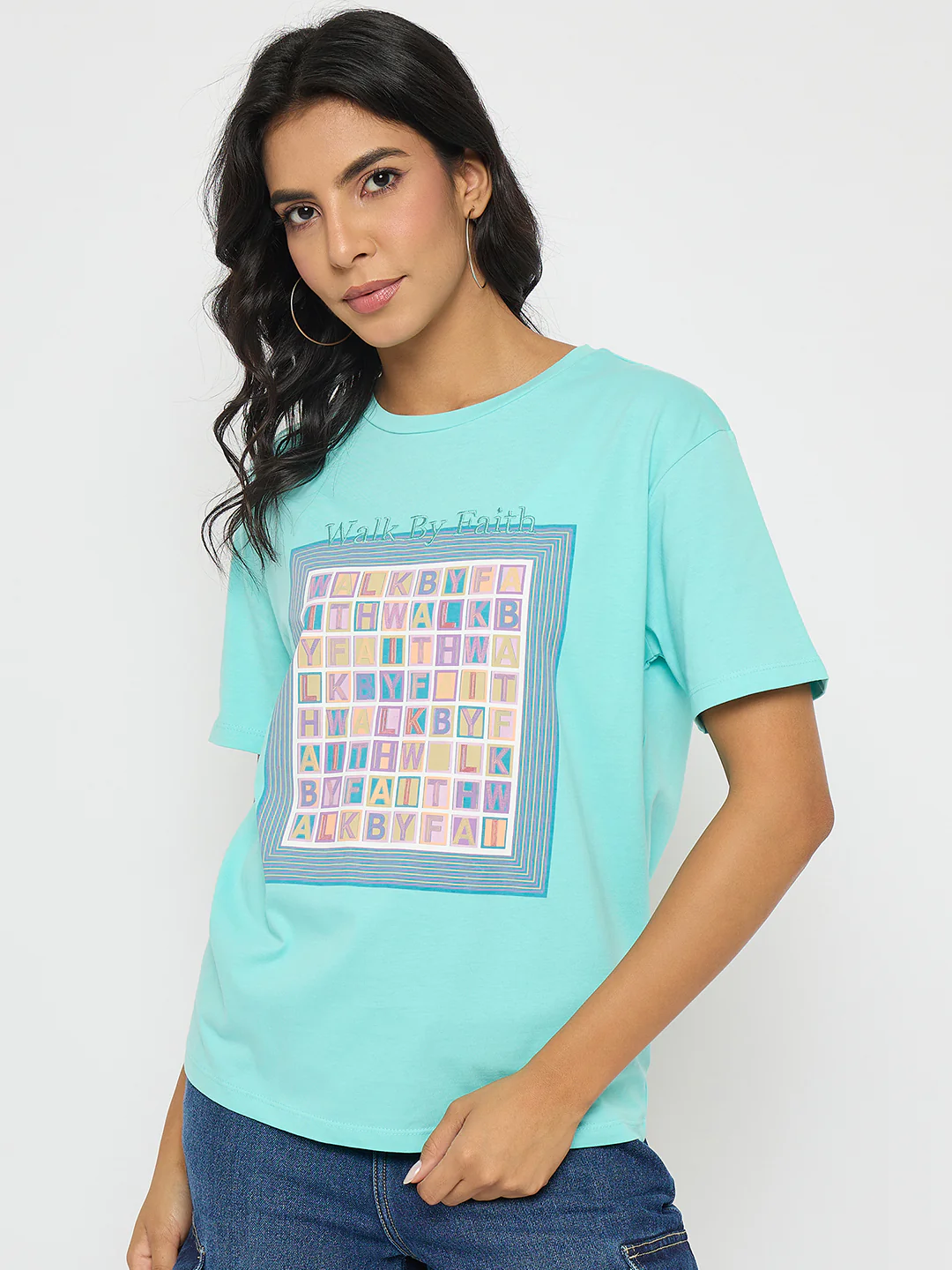 Madame Embroidered Graphic Print Cotton Aqua Blue T-Shirt - Image 3