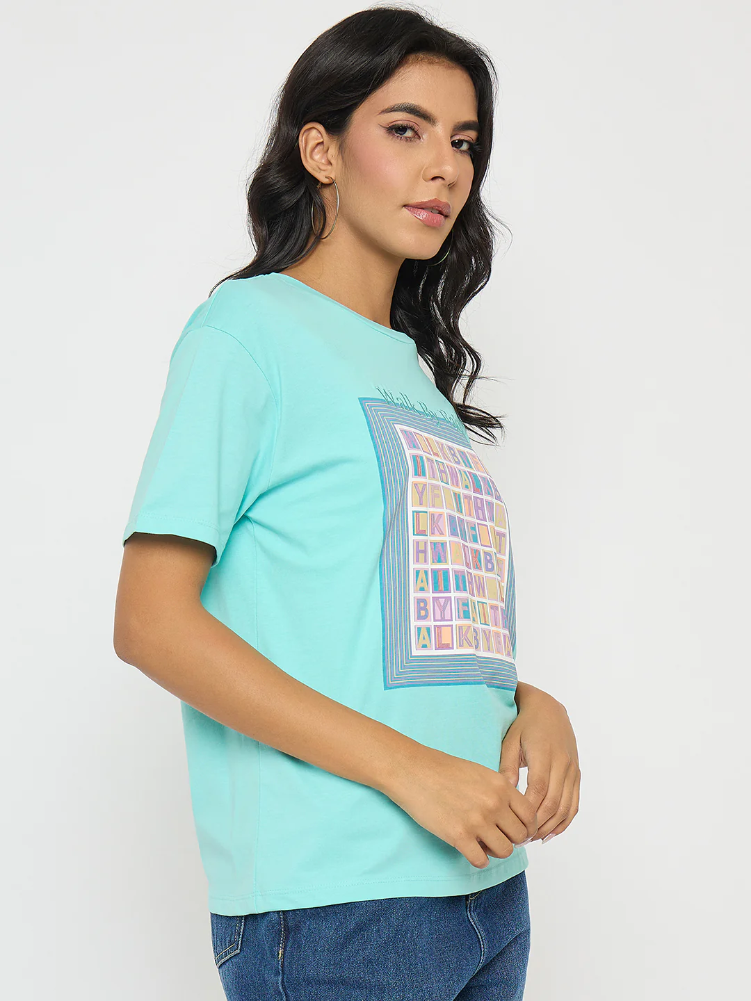 Madame Embroidered Graphic Print Cotton Aqua Blue T-Shirt - Image 4