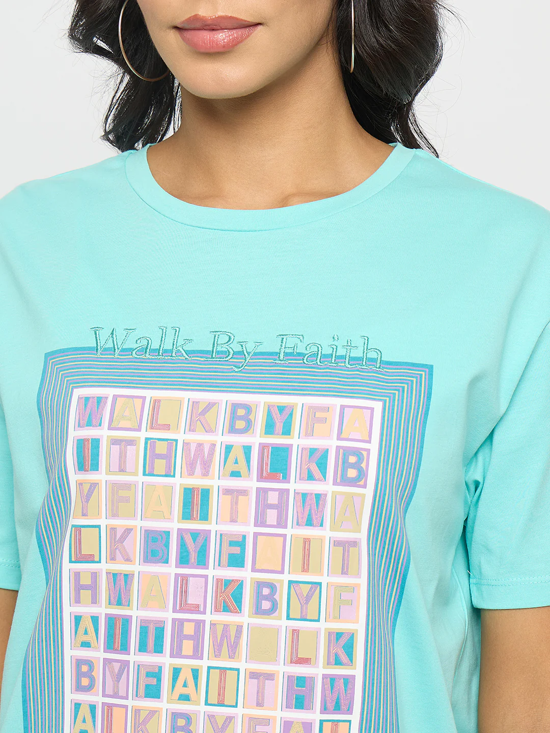Madame Embroidered Graphic Print Cotton Aqua Blue T-Shirt - Image 7