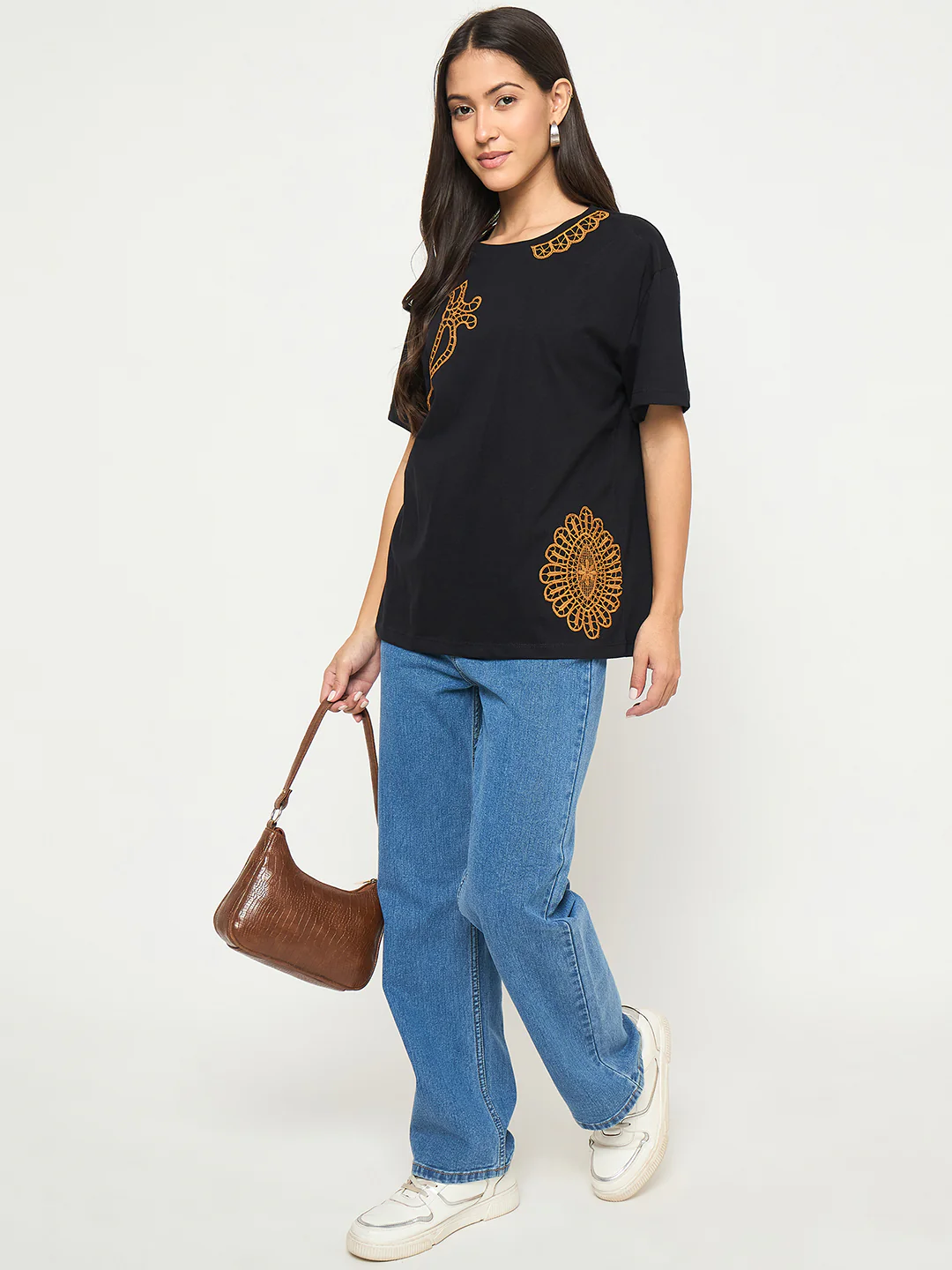 Madame Embroidery Patchwork Detailed Black Cotton T-shirt - Image 2