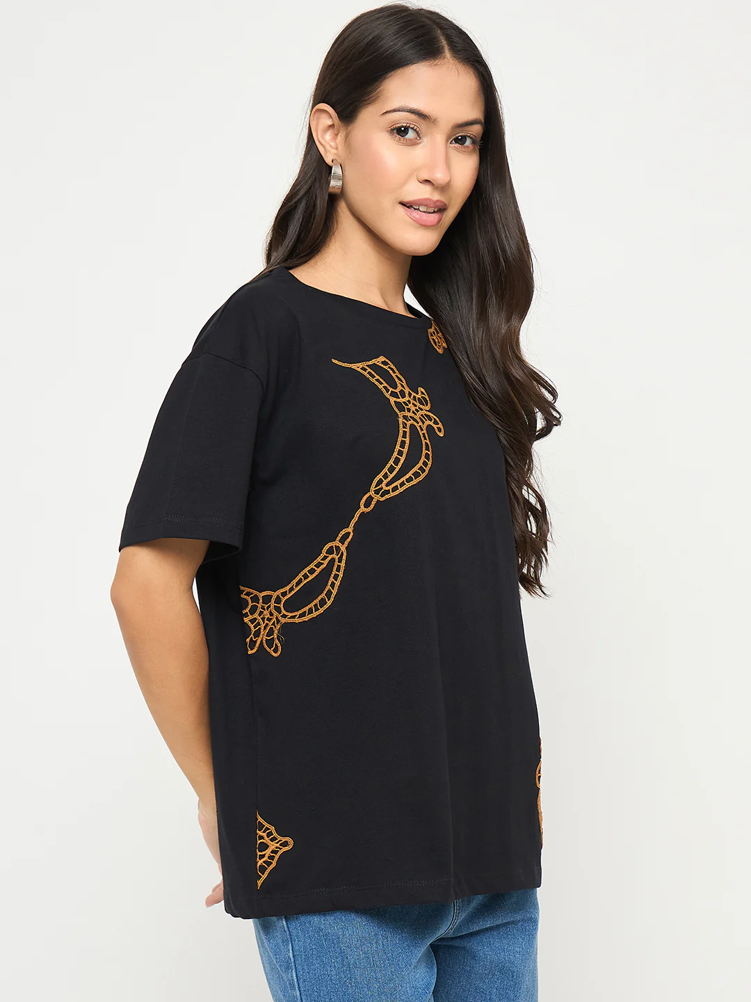Madame Embroidery Patchwork Detailed Black Cotton T-shirt - Image 4