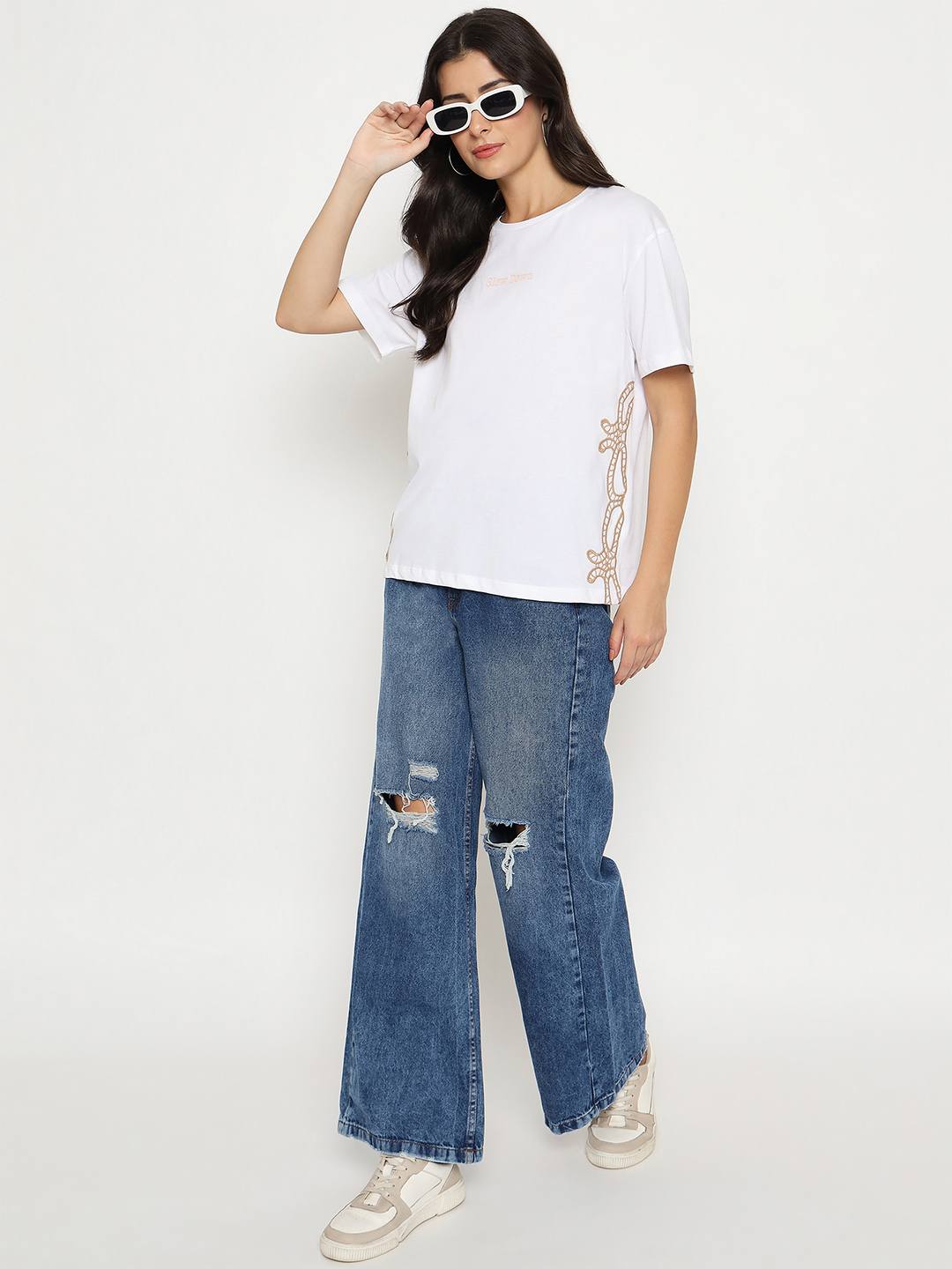 Madame Embroidered Half Sleeve White Cotton T-shirt - Image 2