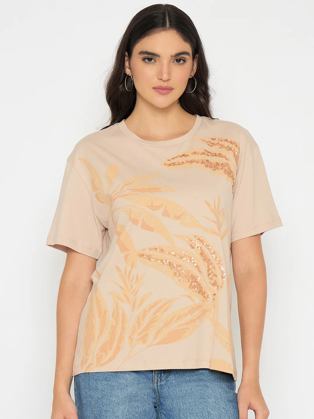 Madame Botanical Print Beige Cotton T-shirt - Image 3
