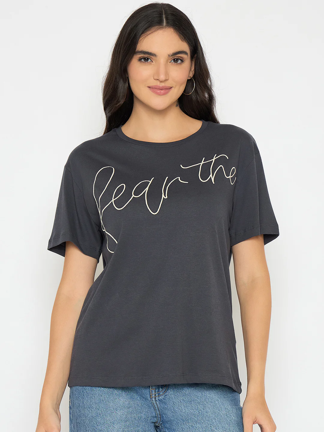 Madame Typography Print Charcoal Black Cotton T-shirt - Image 3