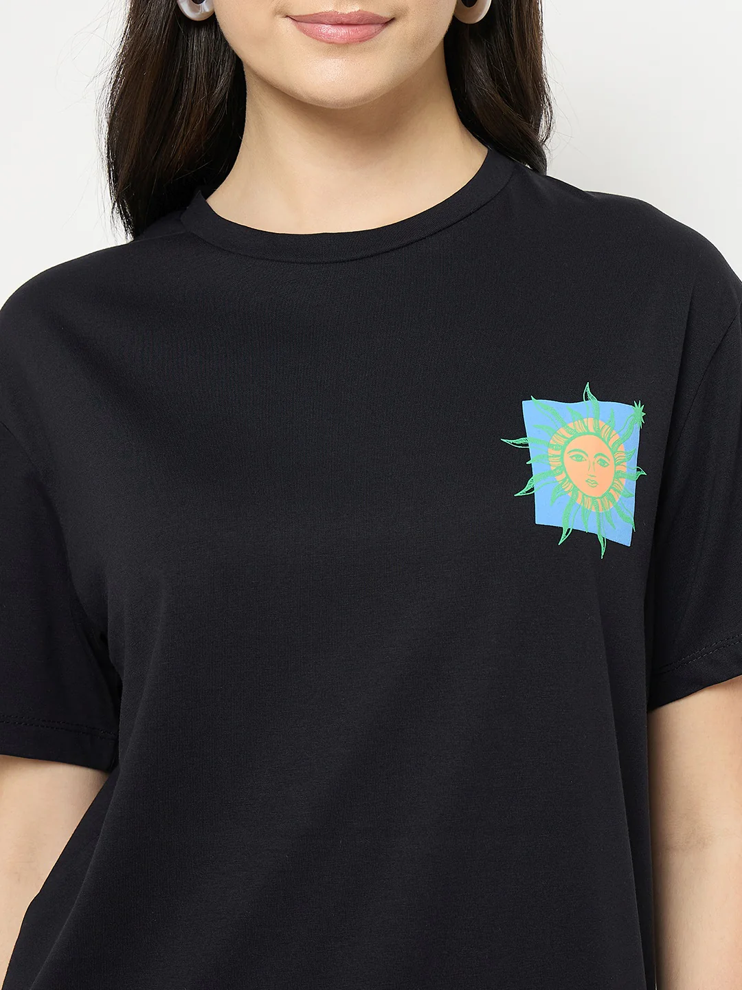 Madame Black Cotton Pocket Print T-Shirt - Image 8