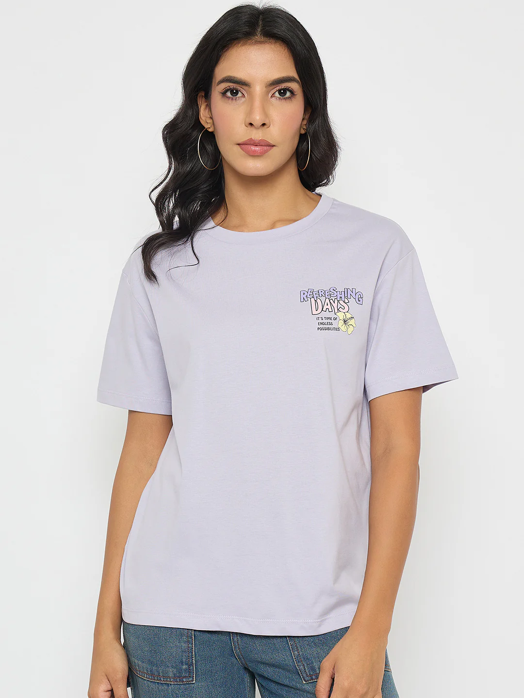 Madame Graphic Print Adorned Lilac Cotton T-shirt - Image 3