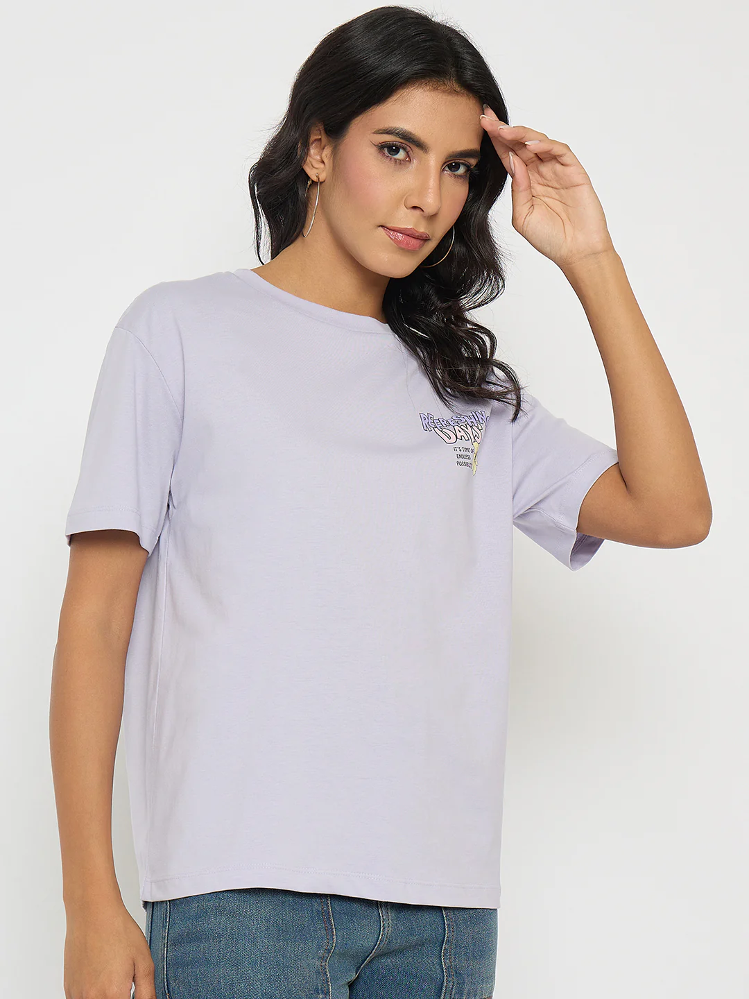 Madame Graphic Print Adorned Lilac Cotton T-shirt - Image 4