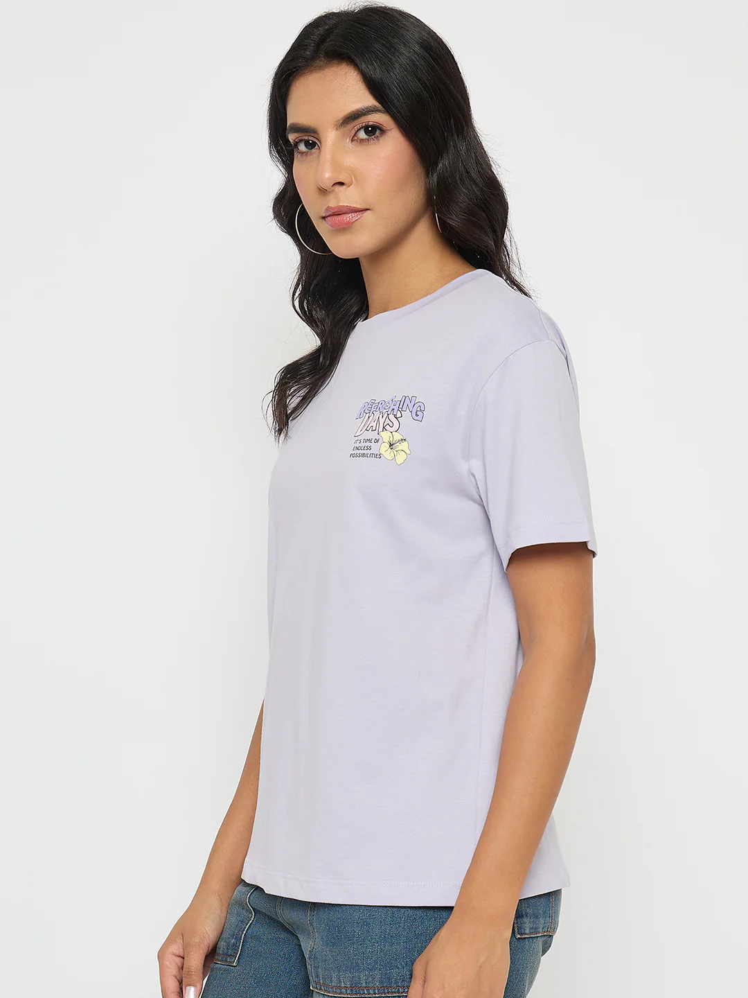 Madame Graphic Print Adorned Lilac Cotton T-shirt - Image 5