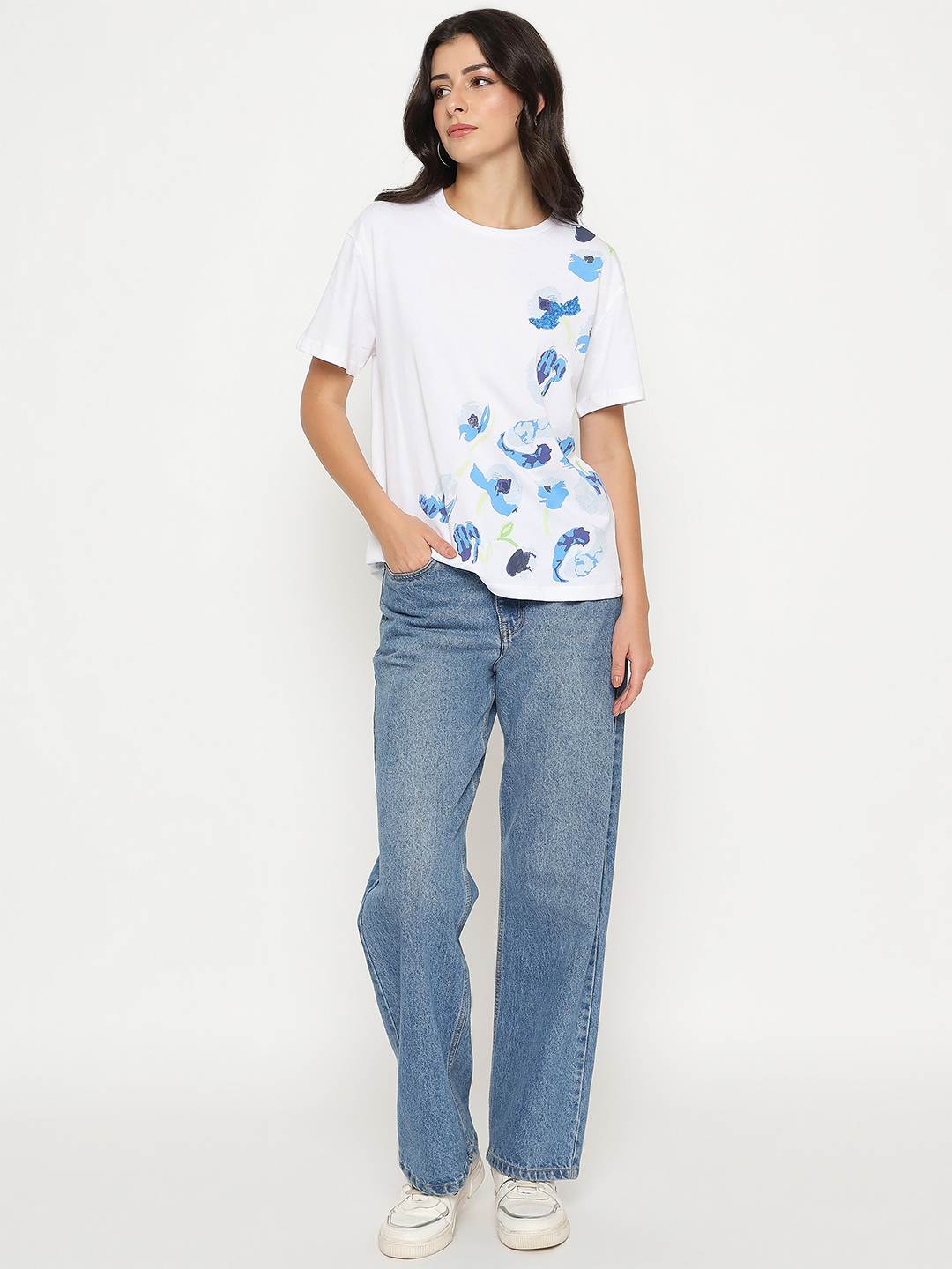 Madame Abstract Print Half Sleeve White Cotton T-shirt - Image 2