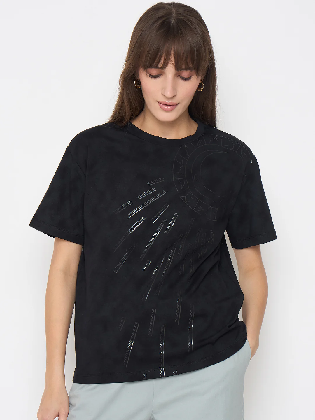 Madame Swarovski Detailed Graphic Print Charcoal Black T-Shirt - Image 3