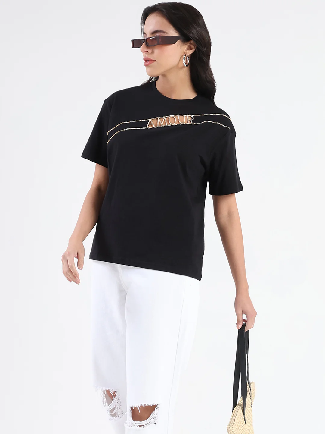 Madame Embellished Cutwork Detail Black Cotton T-shirt