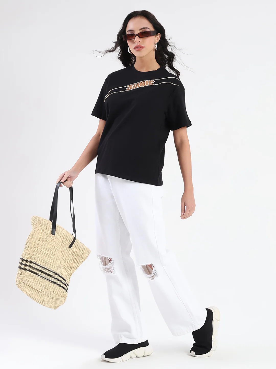 Madame Embellished Cutwork Detail Black Cotton T-shirt - Image 2