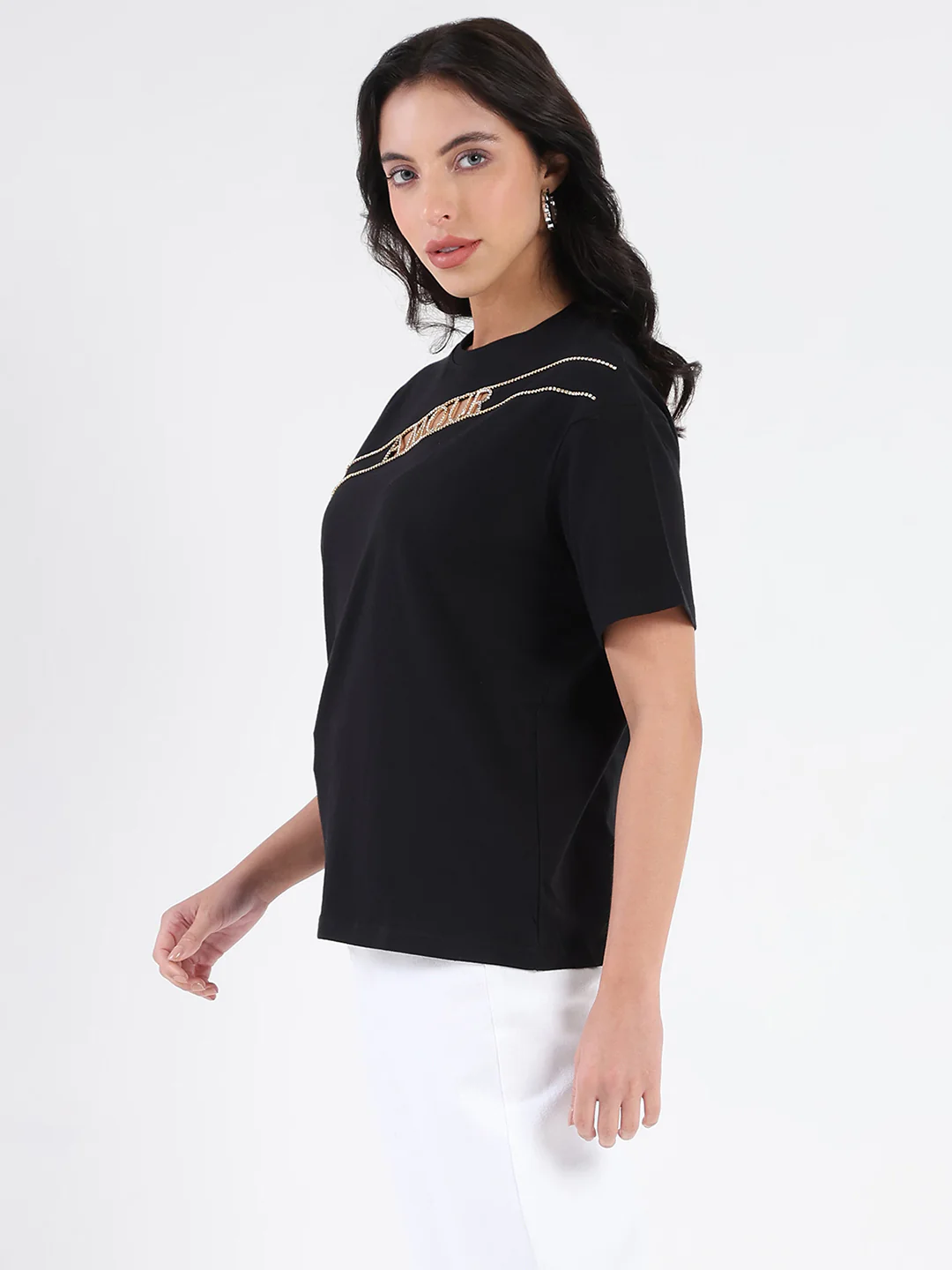 Madame Embellished Cutwork Detail Black Cotton T-shirt - Image 5