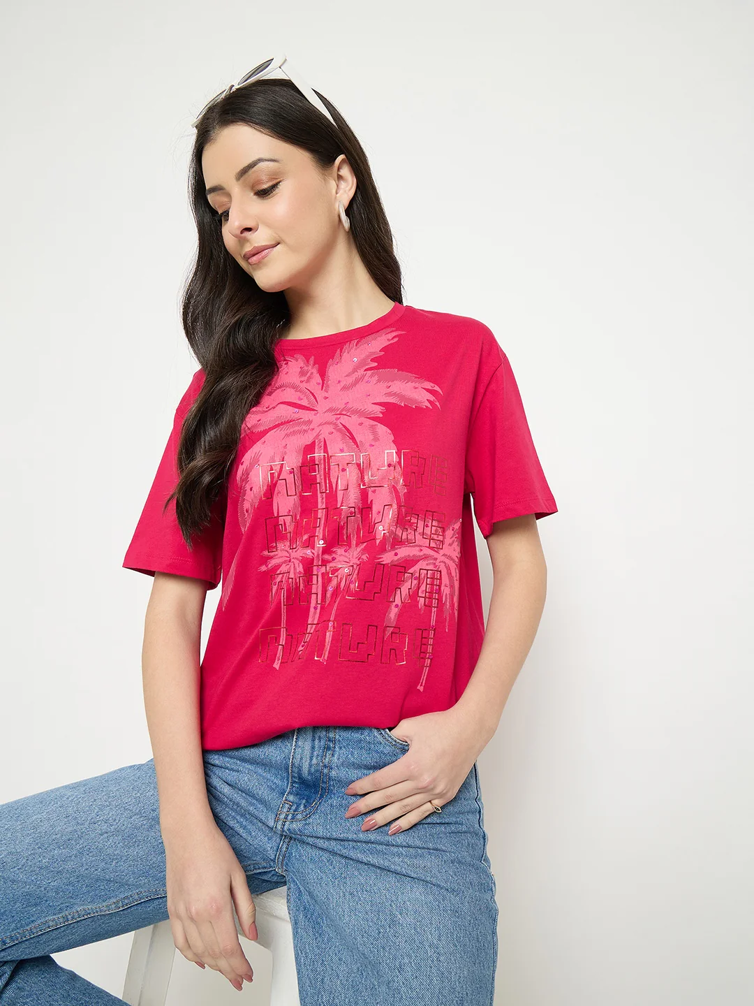 Madame Hot Pink Cotton Printed T-Shirt - Image 2