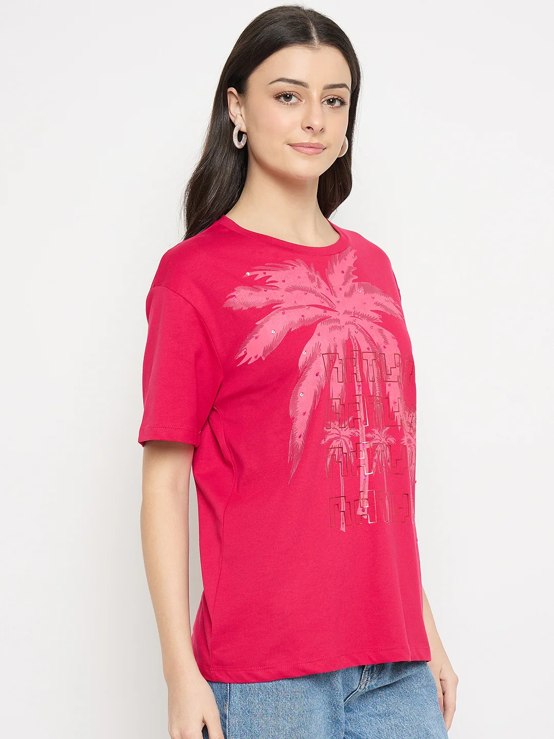 Madame Hot Pink Cotton Printed T-Shirt - Image 4