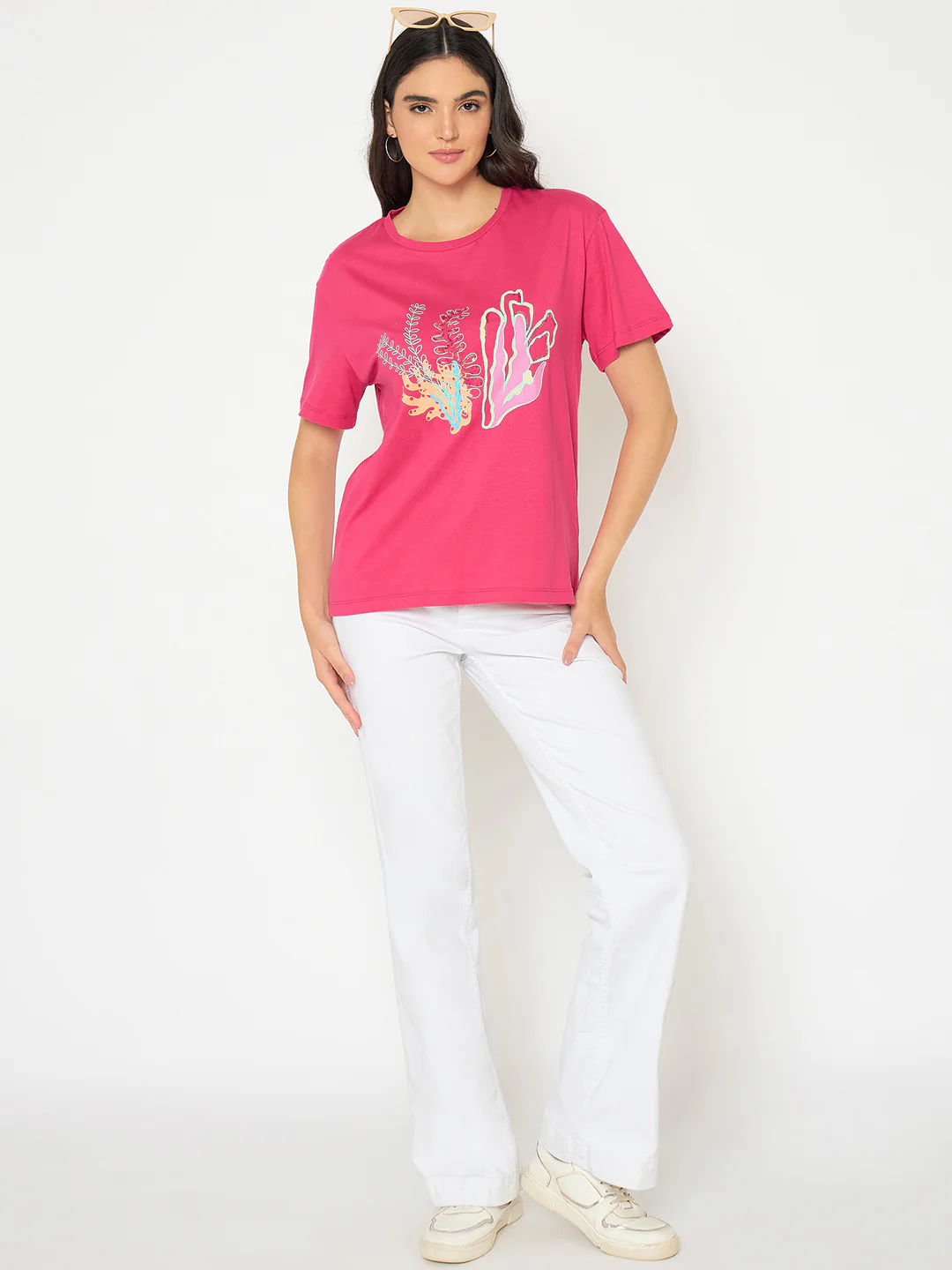 Madame Embroidered Hot Pink Cotton T-shirt - Image 2