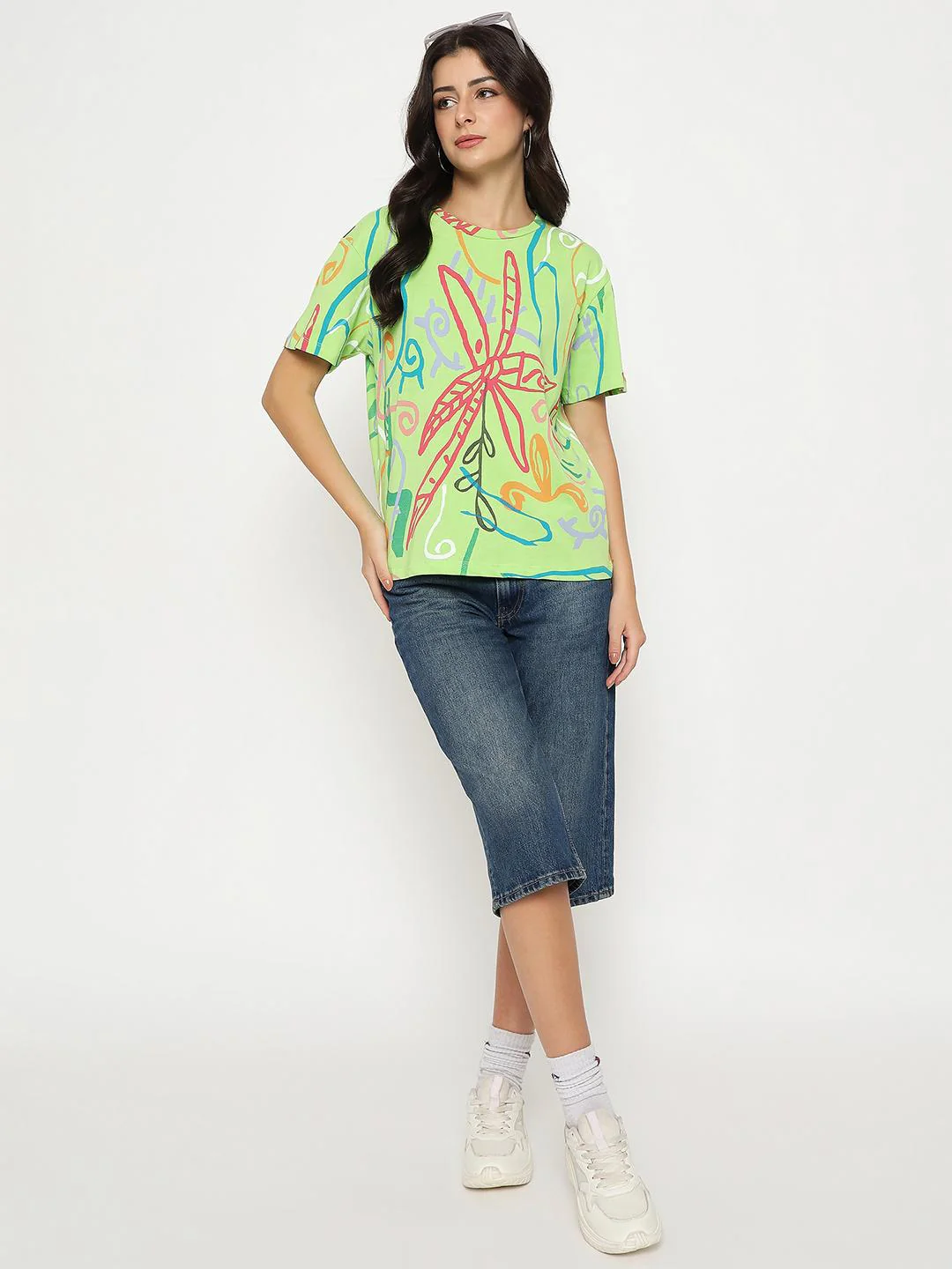 Madame All Over Print Half Sleeve Parrot Green Cotton T-shirt - Image 2