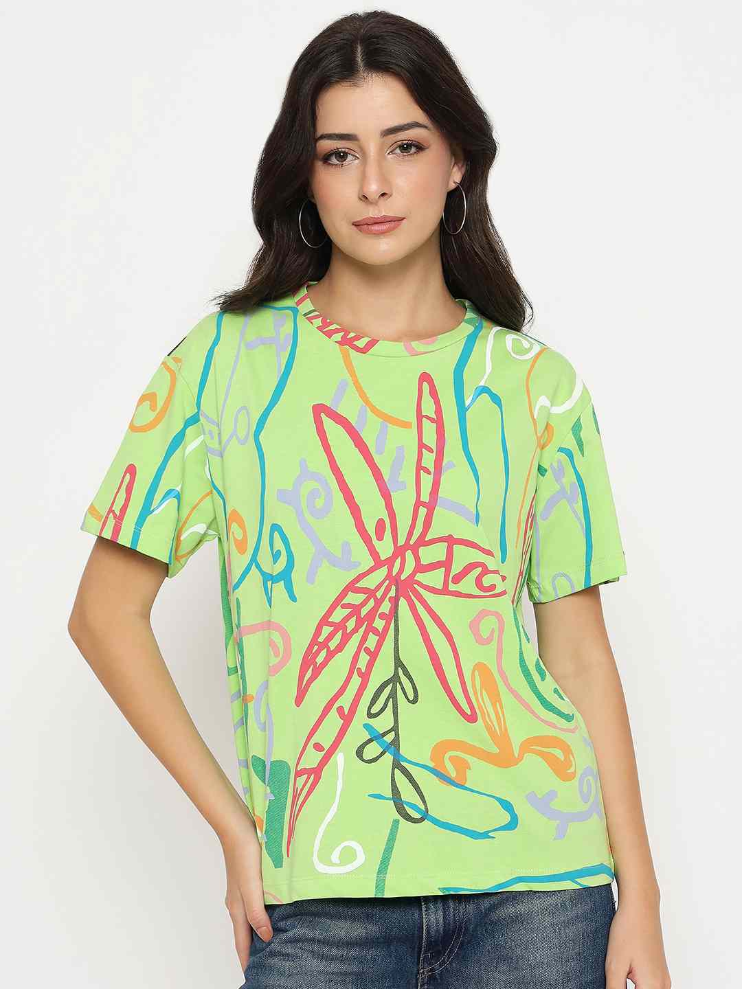 Madame All Over Print Half Sleeve Parrot Green Cotton T-shirt - Image 3