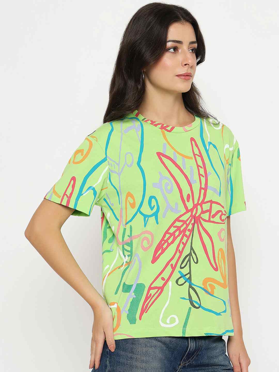 Madame All Over Print Half Sleeve Parrot Green Cotton T-shirt - Image 4