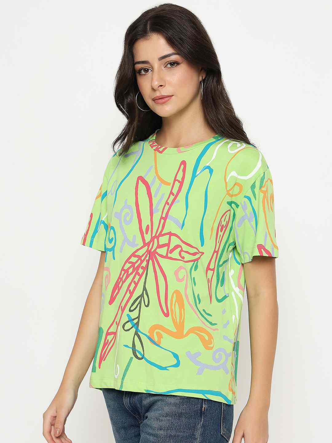 Madame All Over Print Half Sleeve Parrot Green Cotton T-shirt - Image 5