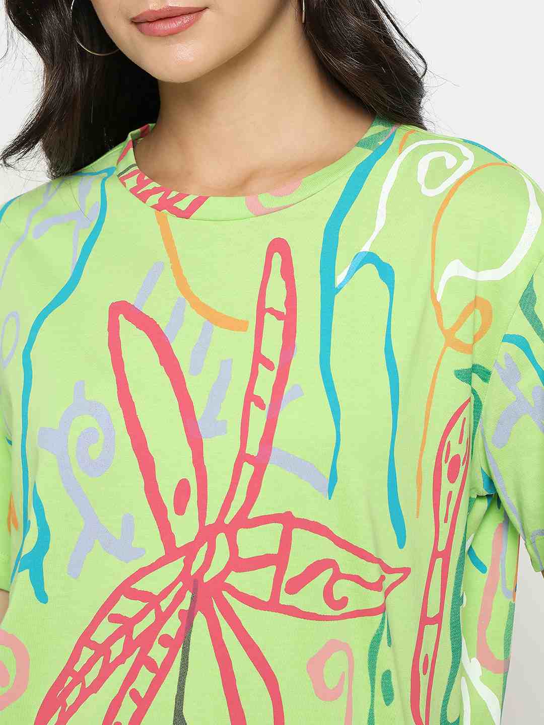 Madame All Over Print Half Sleeve Parrot Green Cotton T-shirt - Image 7