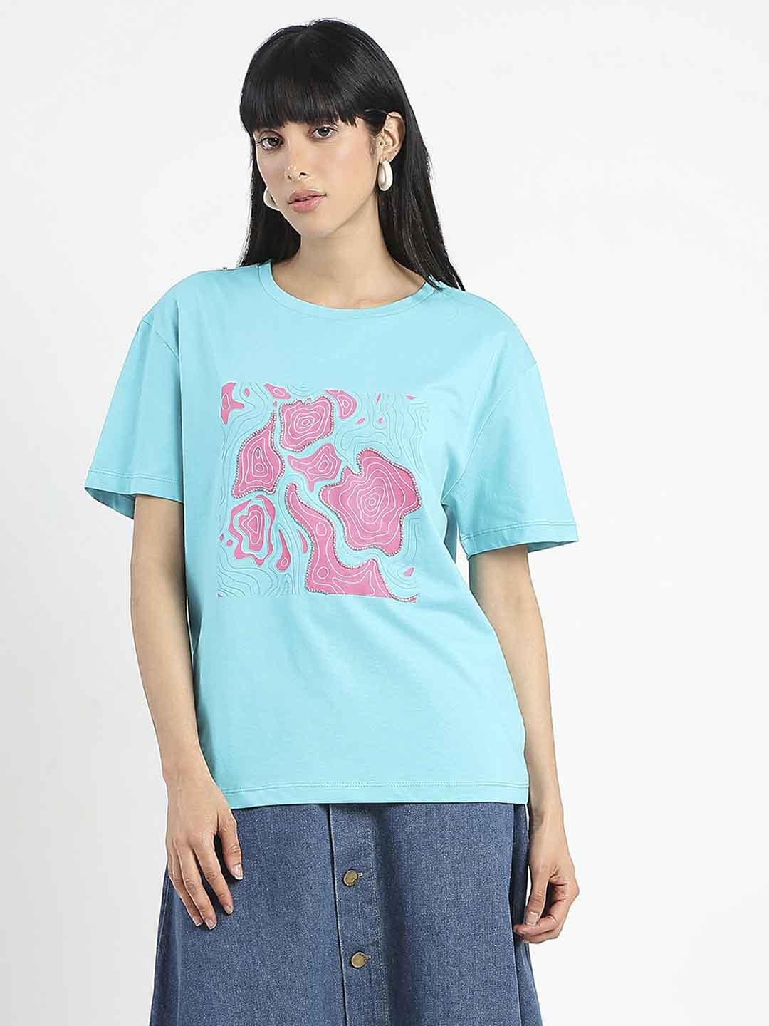 Madame Graphic Print Embellished Aqua Blue Sinker T-Shirt