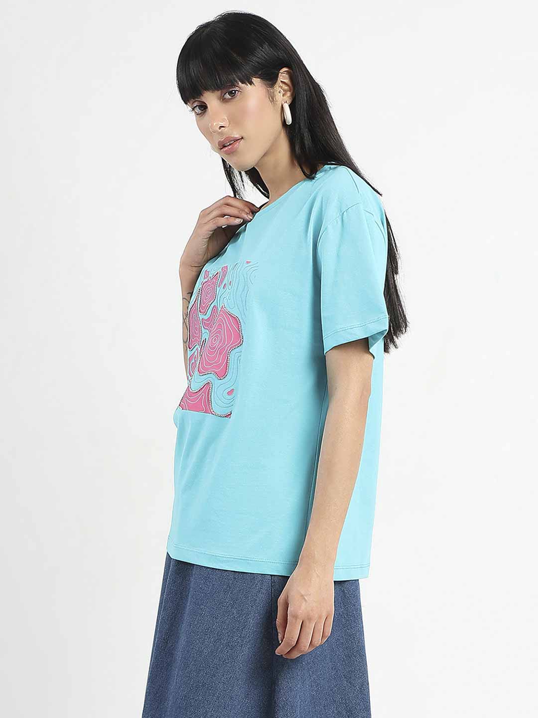 Madame Graphic Print Embellished Aqua Blue Sinker T-Shirt - Image 2