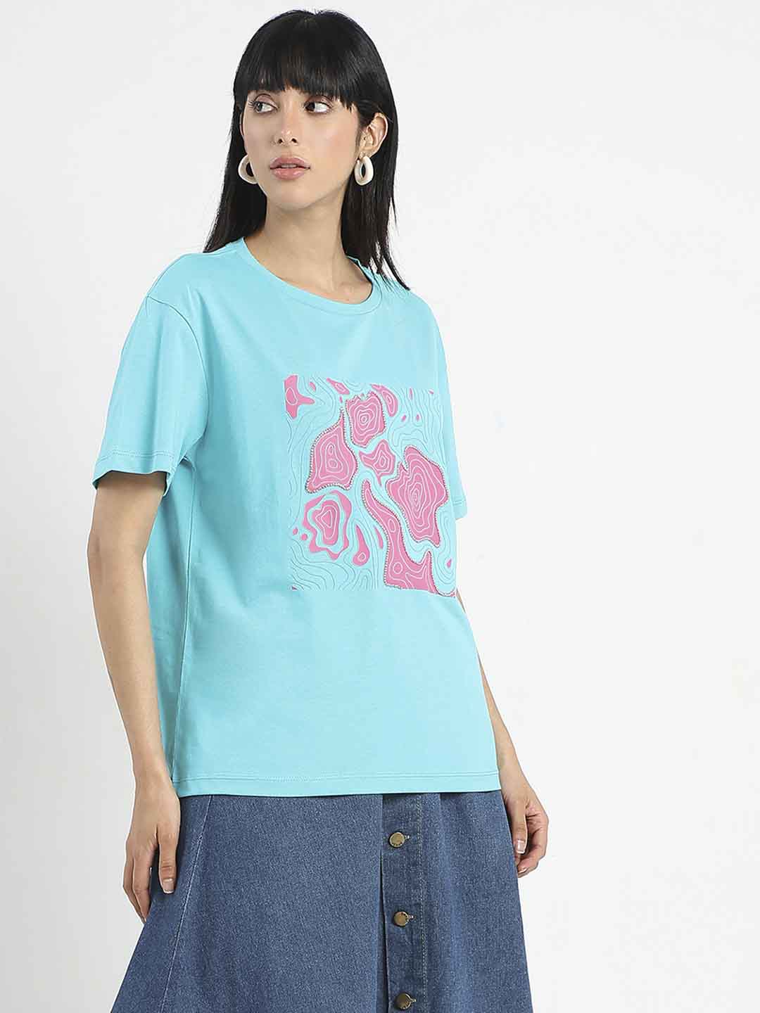 Madame Graphic Print Embellished Aqua Blue Sinker T-Shirt - Image 3