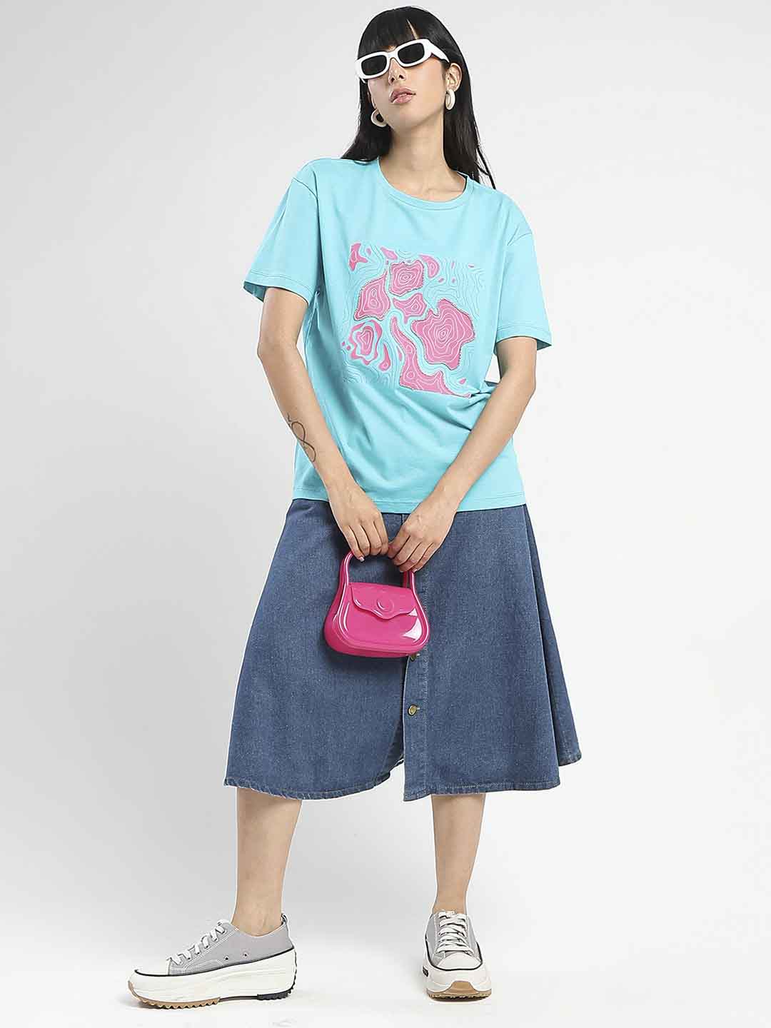 Madame Graphic Print Embellished Aqua Blue Sinker T-Shirt - Image 5