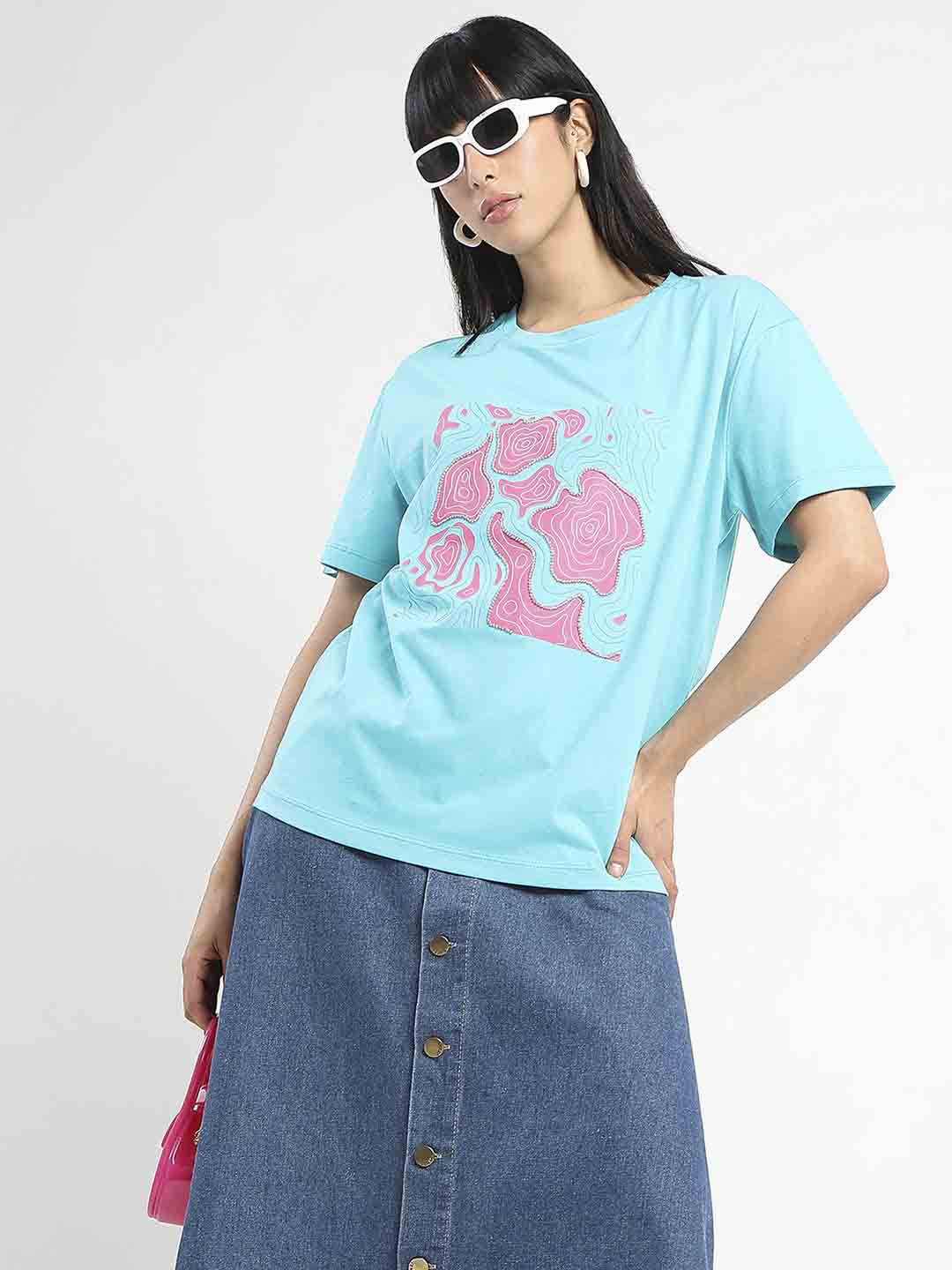 Madame Graphic Print Embellished Aqua Blue Sinker T-Shirt - Image 6