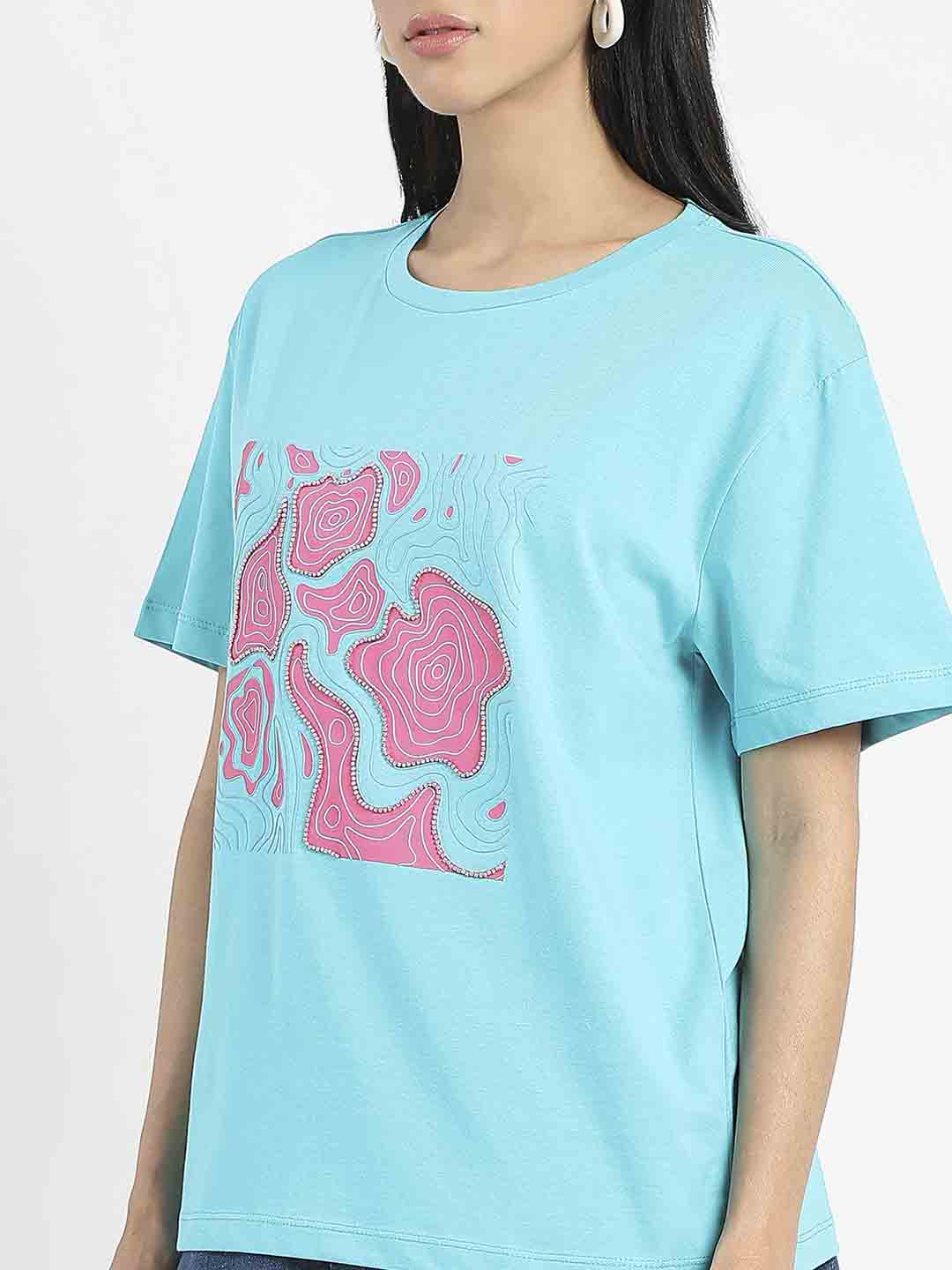 Madame Graphic Print Embellished Aqua Blue Sinker T-Shirt - Image 7