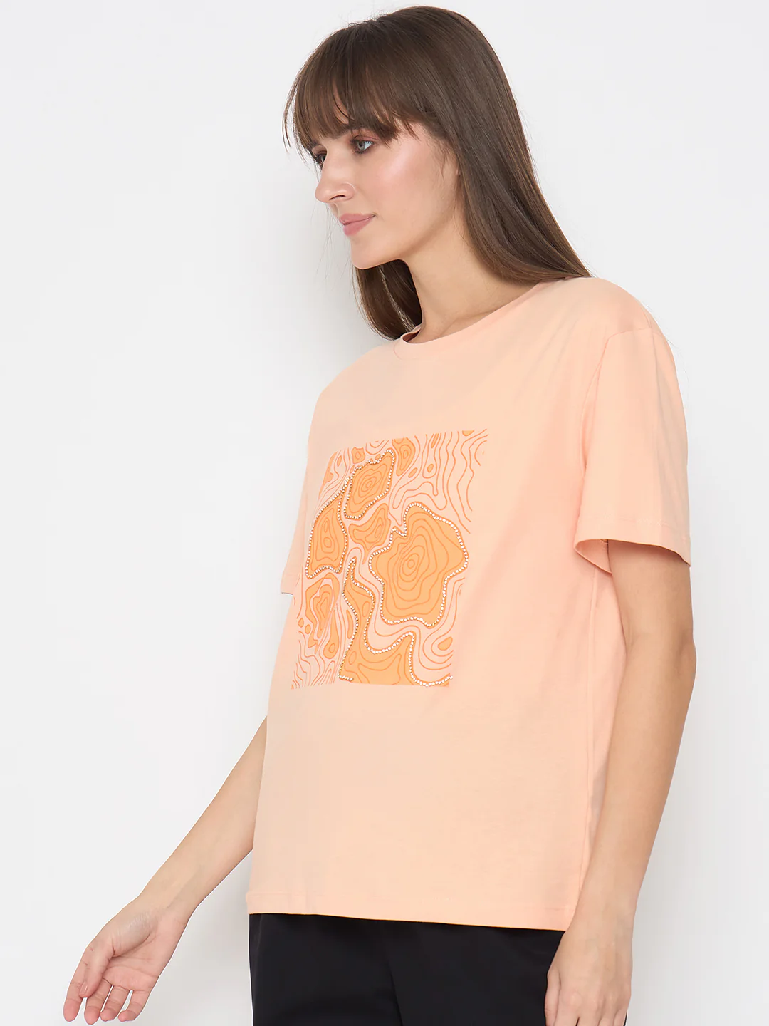 Madame Graphic Print Embellished Peach Sinker Tshirt - Image 5