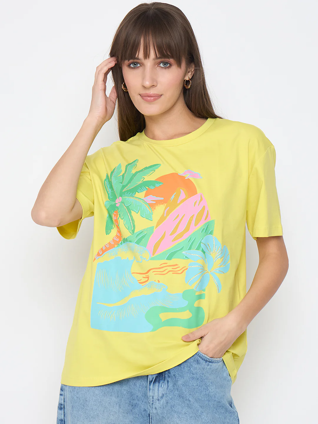 Madame Swarovski Detail Graphic Print Lemon Yellow Sinker T-shirt - Image 3