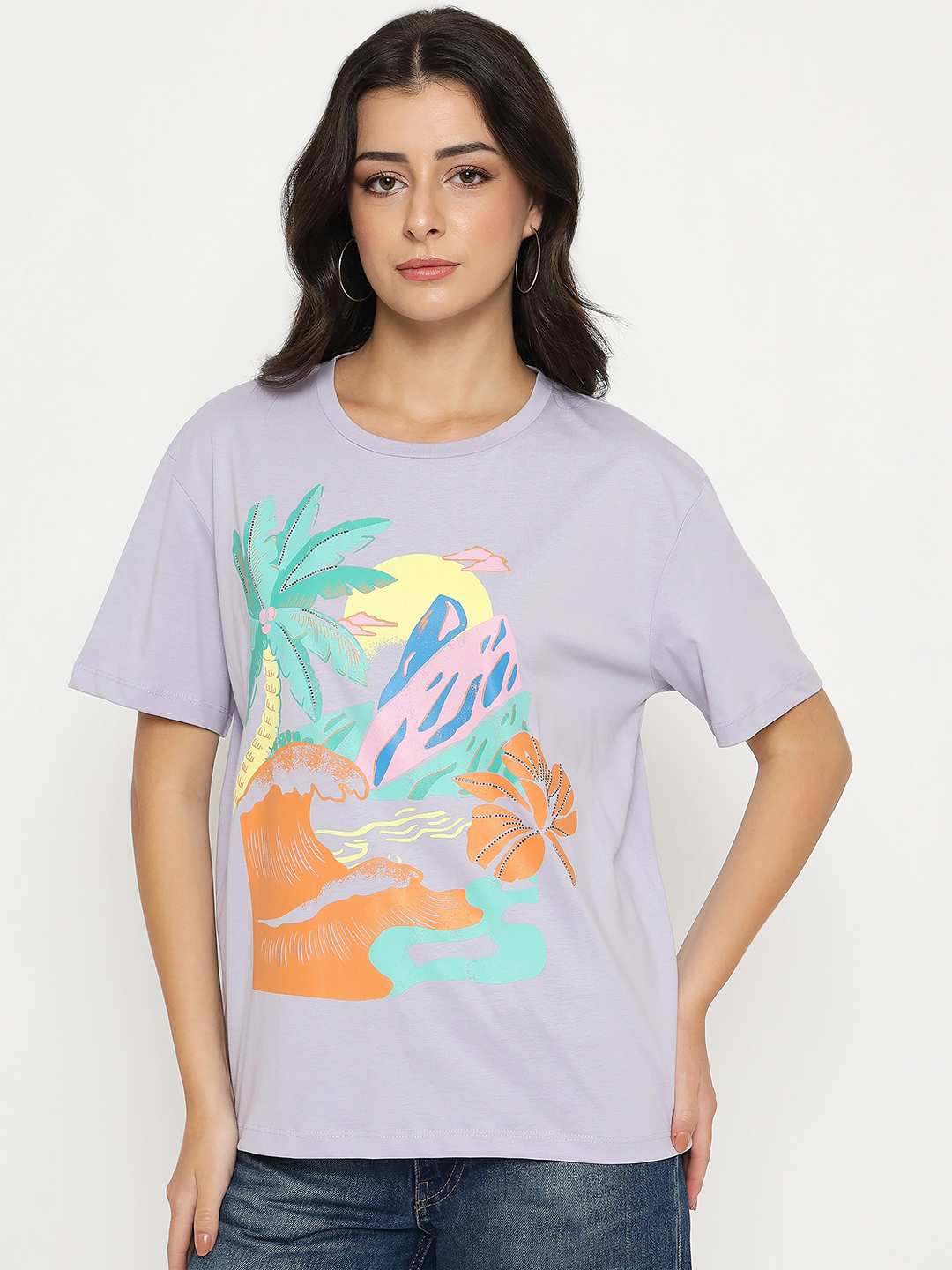 Madame Cotton Tropical Print Mauve T-shirt - Image 3