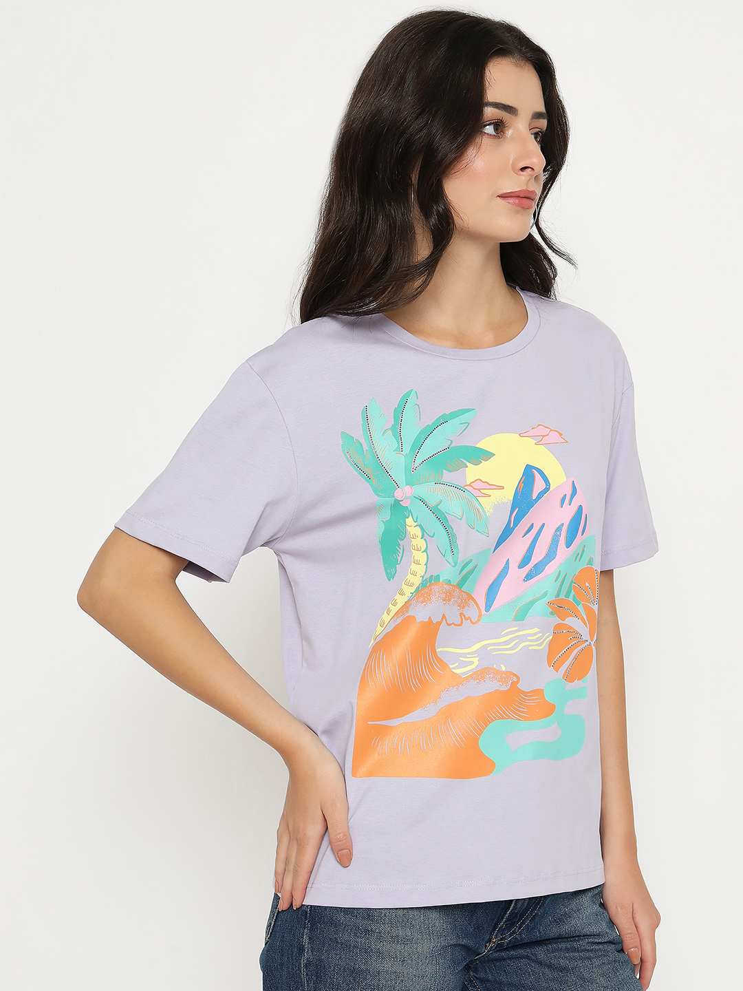 Madame Cotton Tropical Print Mauve T-shirt - Image 4