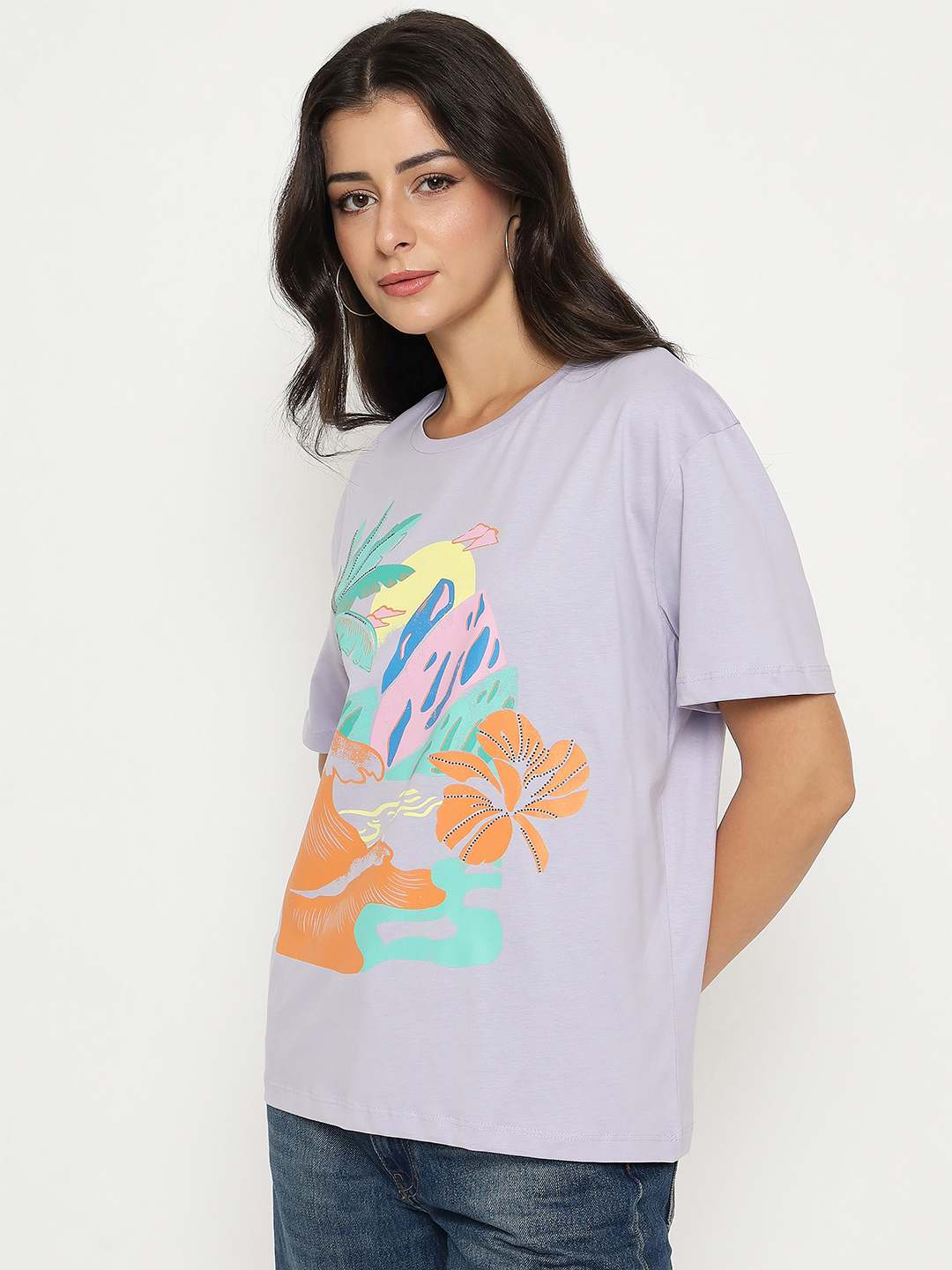 Madame Cotton Tropical Print Mauve T-shirt - Image 5
