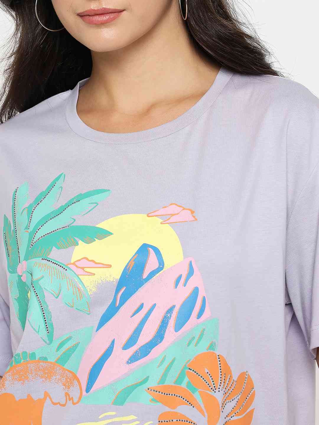 Madame Cotton Tropical Print Mauve T-shirt - Image 7