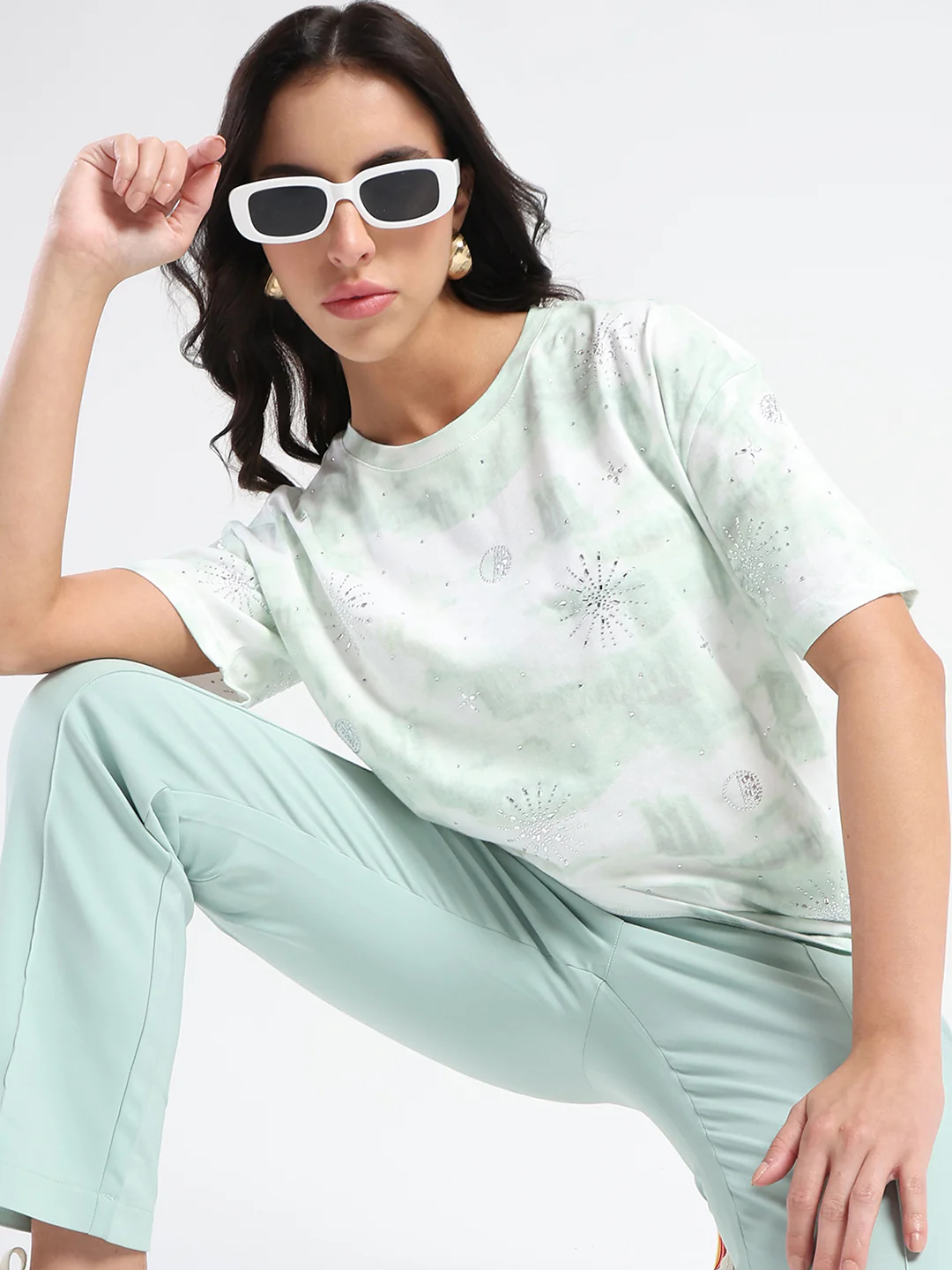 Madame Swarovksi Detailed Tie and Dye Sea Green T-shirt