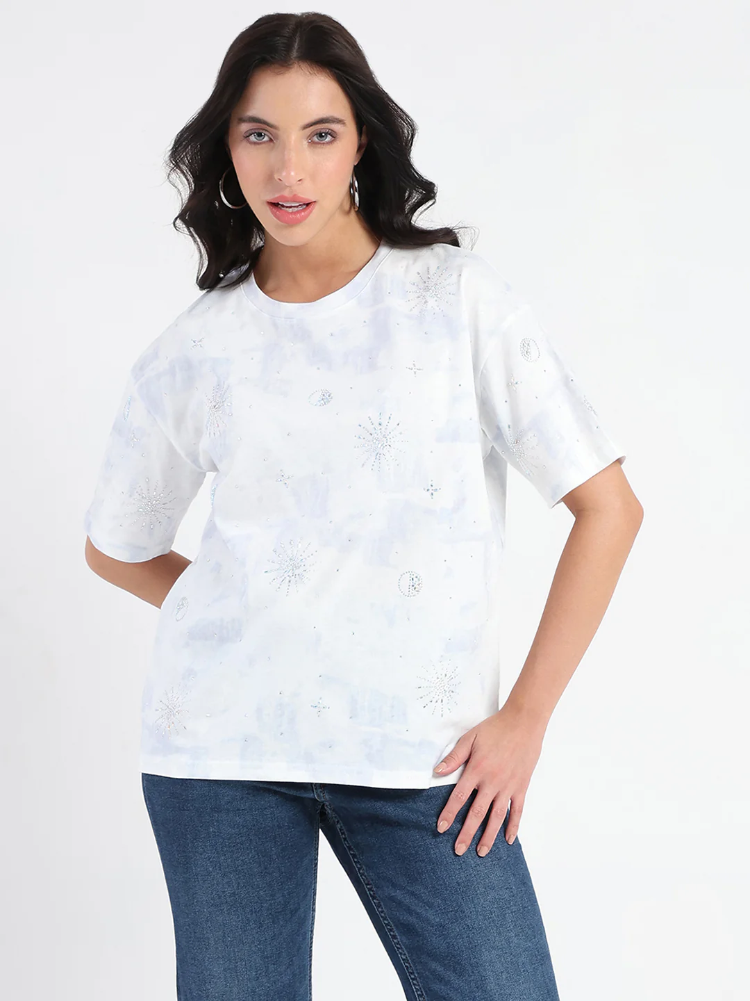 Madame Swarovksi Detailed Tie and Dye Sky Blue T-shirt - Image 3