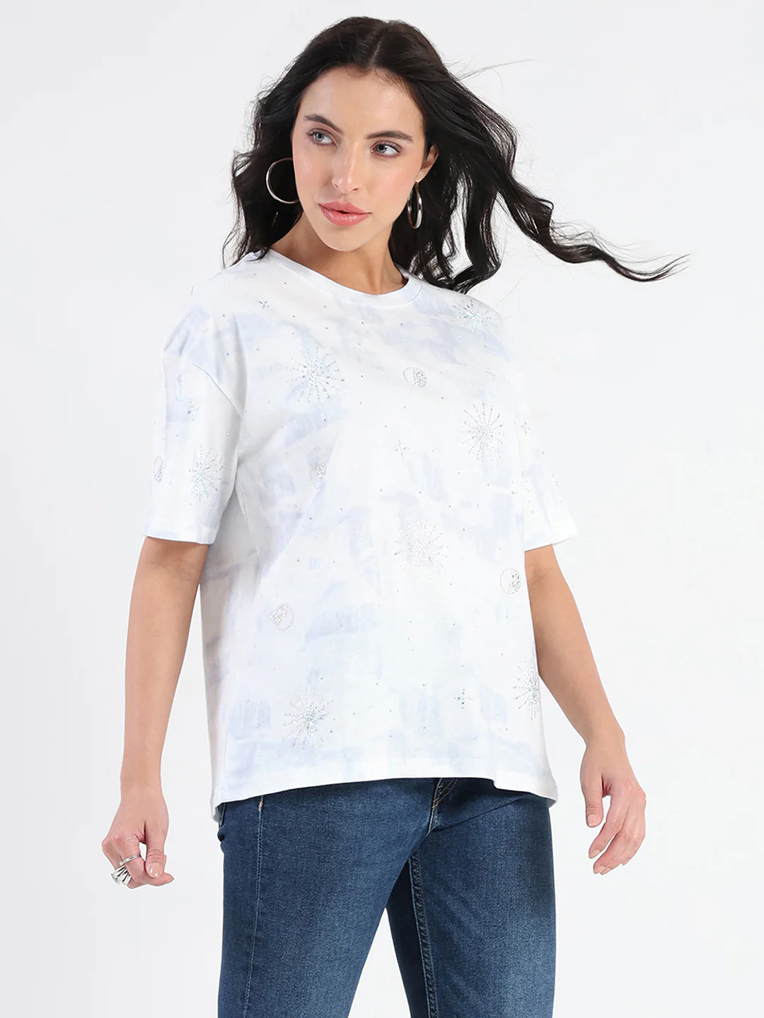 Madame Swarovksi Detailed Tie and Dye Sky Blue T-shirt - Image 4