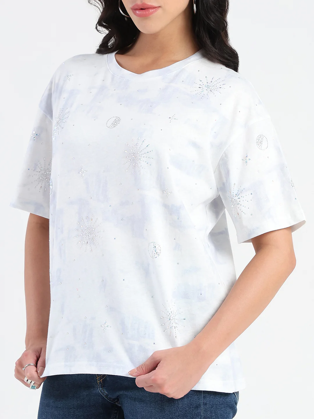Madame Swarovksi Detailed Tie and Dye Sky Blue T-shirt - Image 7