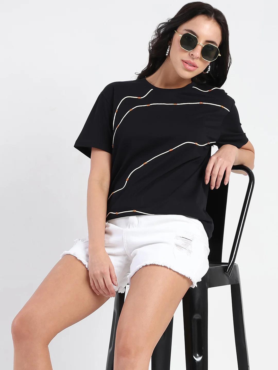 Madame Cord Detailed Solid Black Cotton T-shirt