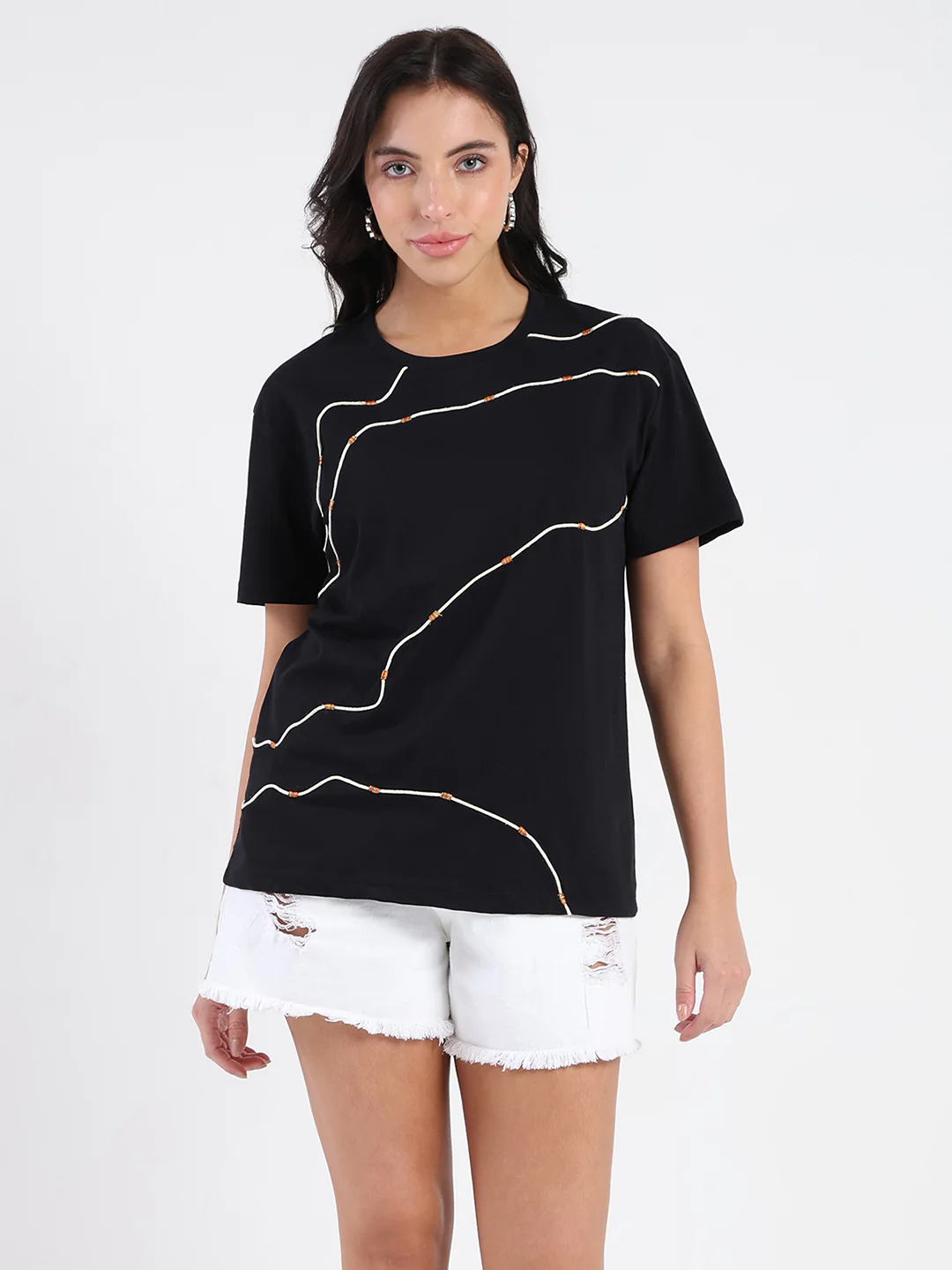 Madame Cord Detailed Solid Black Cotton T-shirt - Image 3
