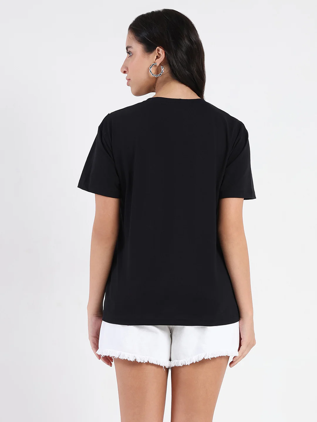 Madame Cord Detailed Solid Black Cotton T-shirt - Image 6
