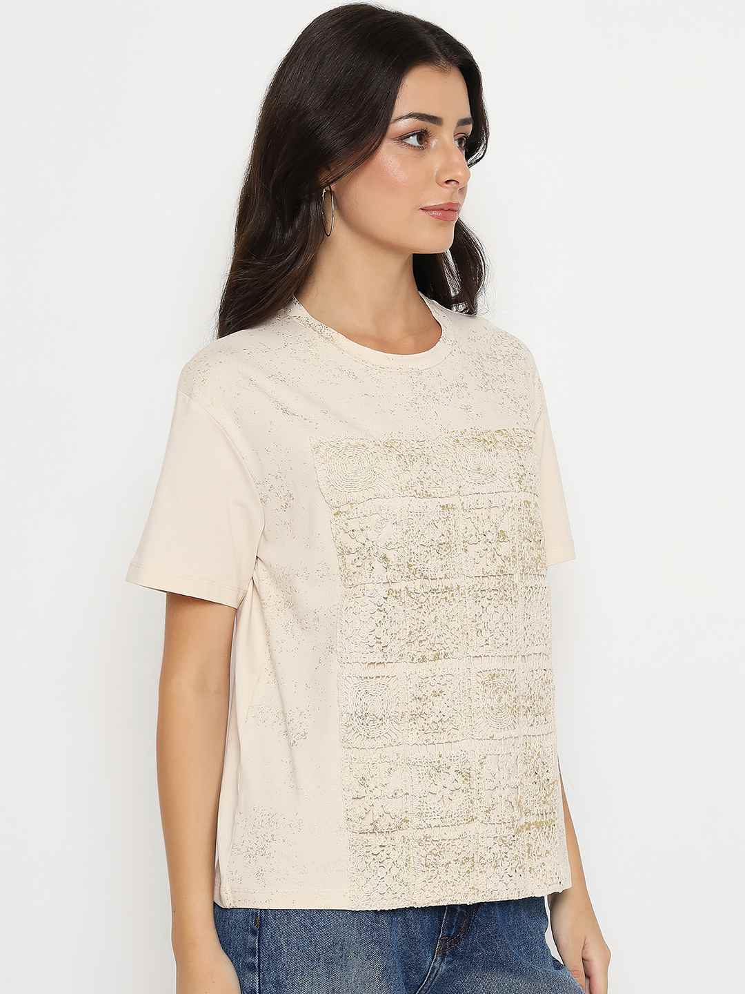 Madame Dori Embroidery Cotton Blend Beige T-shirt - Image 4