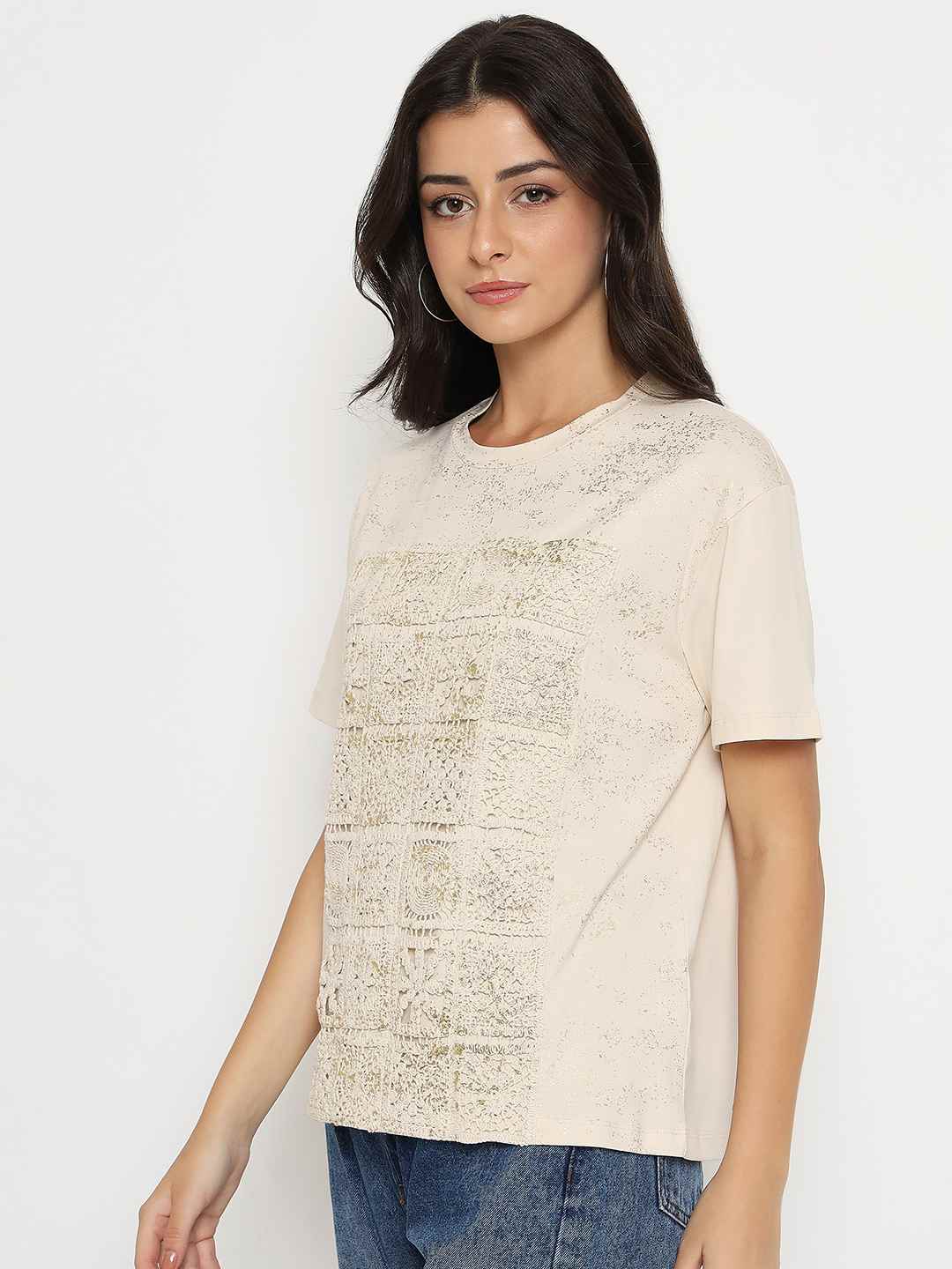 Madame Dori Embroidery Cotton Blend Beige T-shirt - Image 5